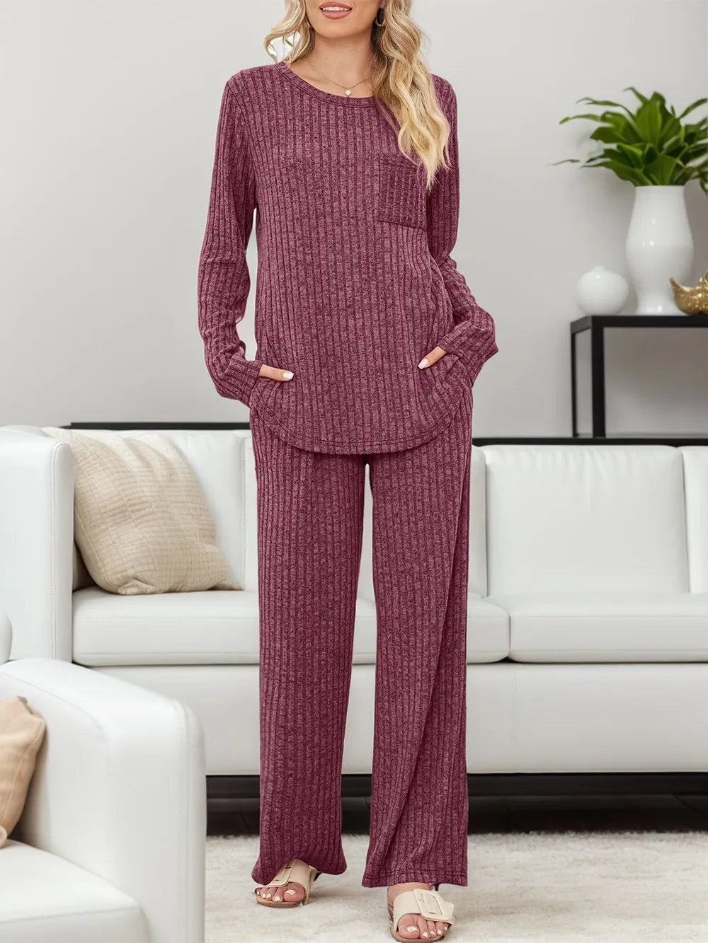 Round Neck Long Sleeve Top and Pants Set-Nordavory