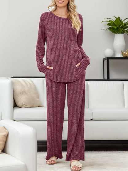 Round Neck Long Sleeve Top and Pants Set-Nordavory