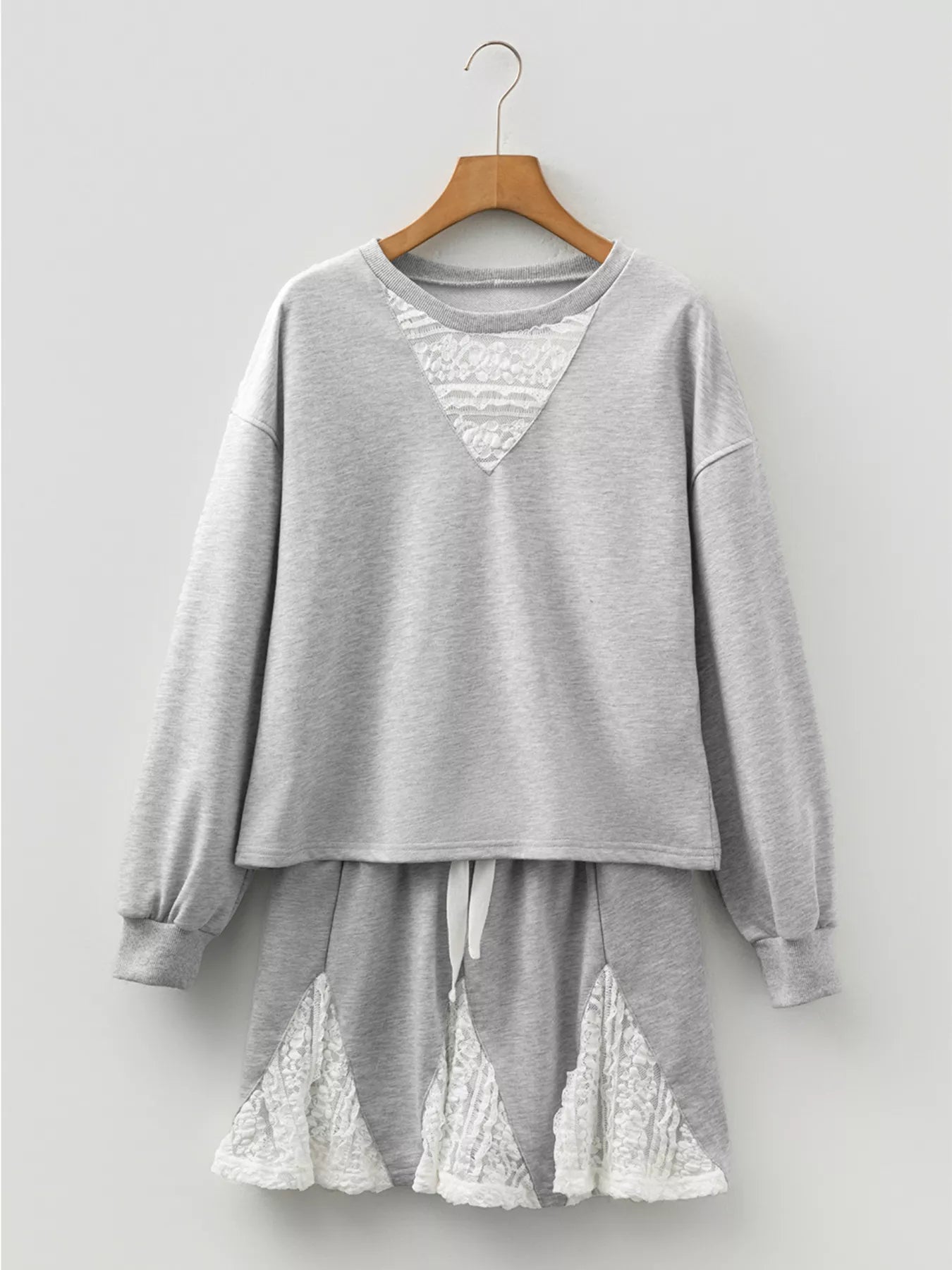 Lace Patchwork Drop Shoulder Top and Drawstring Skort 2pcs Outfit-Nordavory