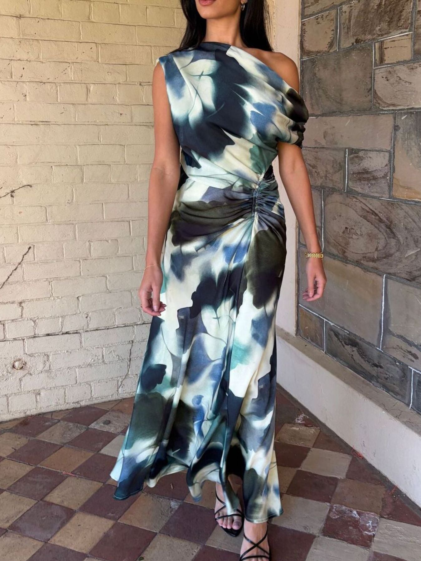 One-Shoulder Floral Print Maxi Dress-Nordavory