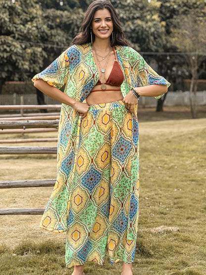 Printed Half Sleeve Top and Wide Leg Pants Set-Nordavory