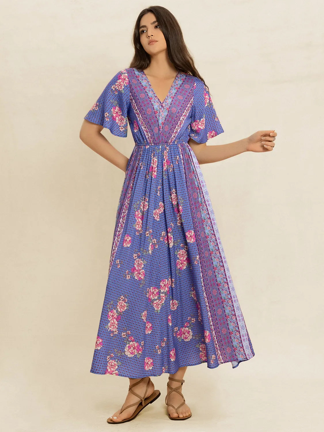 Printed Short Sleeve Midi Dress-Nordavory