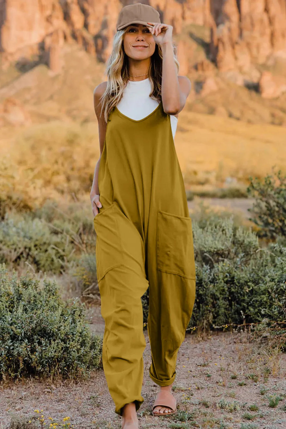 Double Take Full Size V-Neck Sleeveless Jumpsuit with Pockets-Nordavory