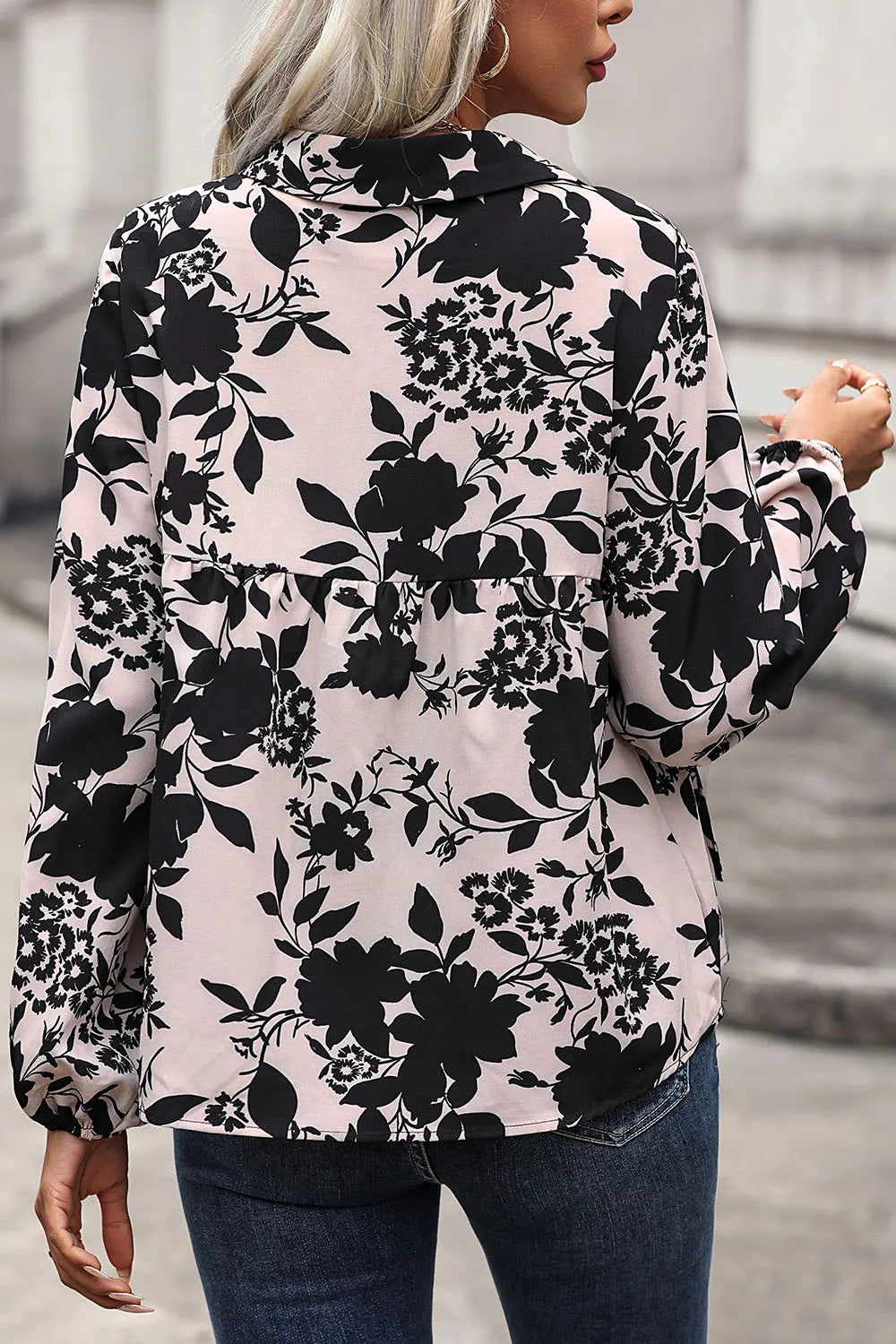 Perfee Printed Tie Neck Balloon Sleeve Blouse-Nordavory