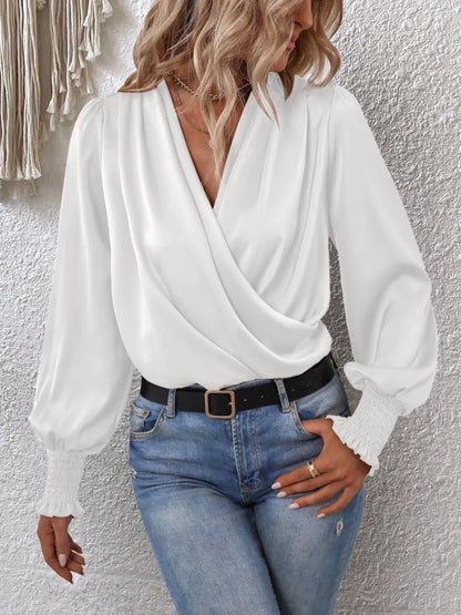 Surplice Smocked Lantern Sleeve Blouse-Nordavory