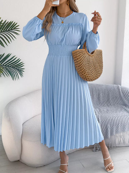 Smocked Pleated Long Sleeve Midi Dress-Nordavory