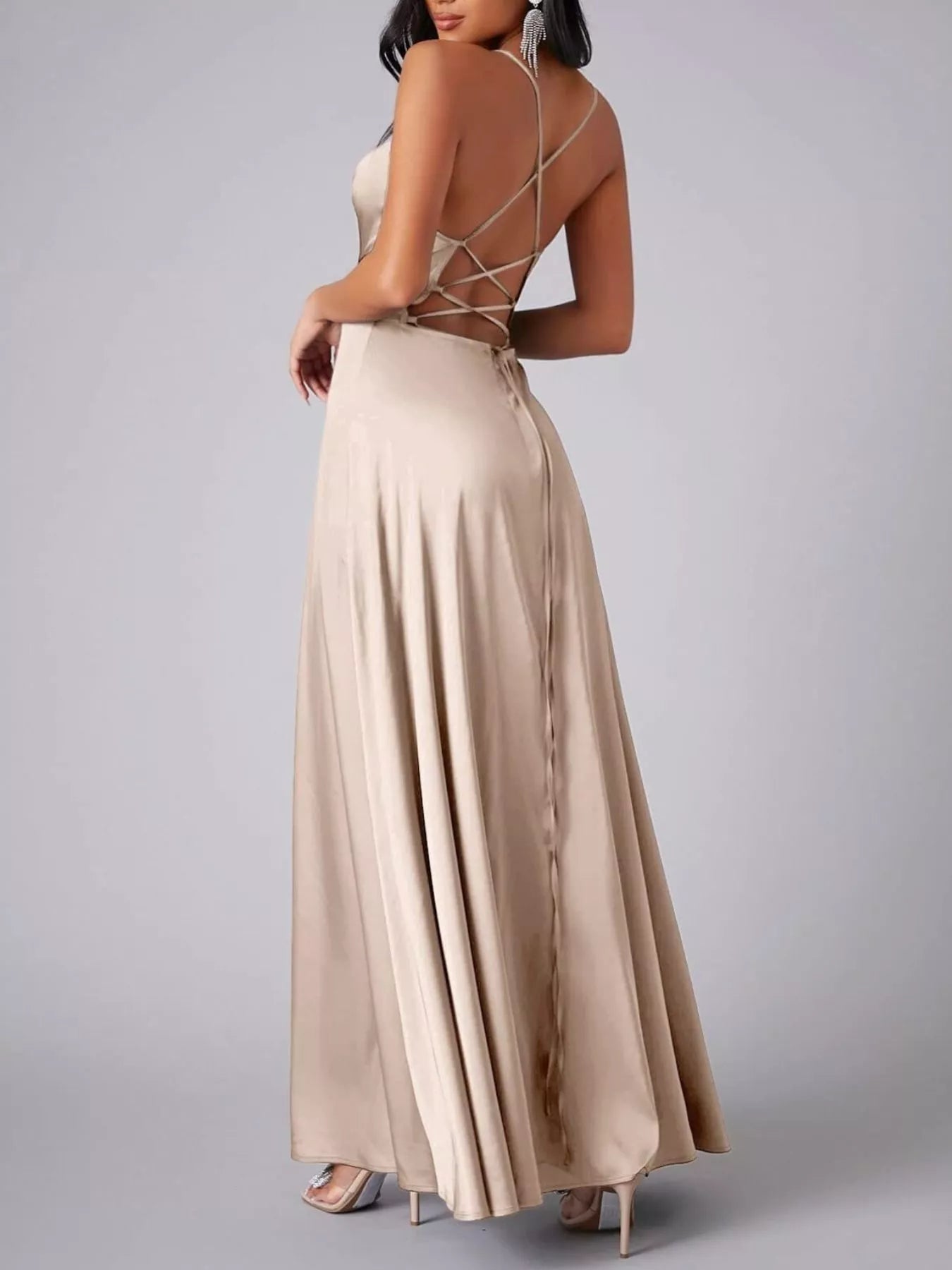 Lace Up Back Split Maxi Dress-Nordavory
