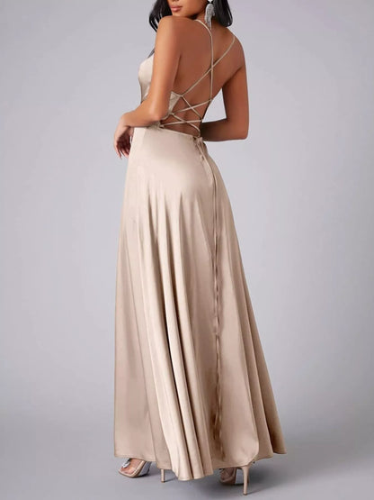 Lace Up Back Split Maxi Dress-Nordavory