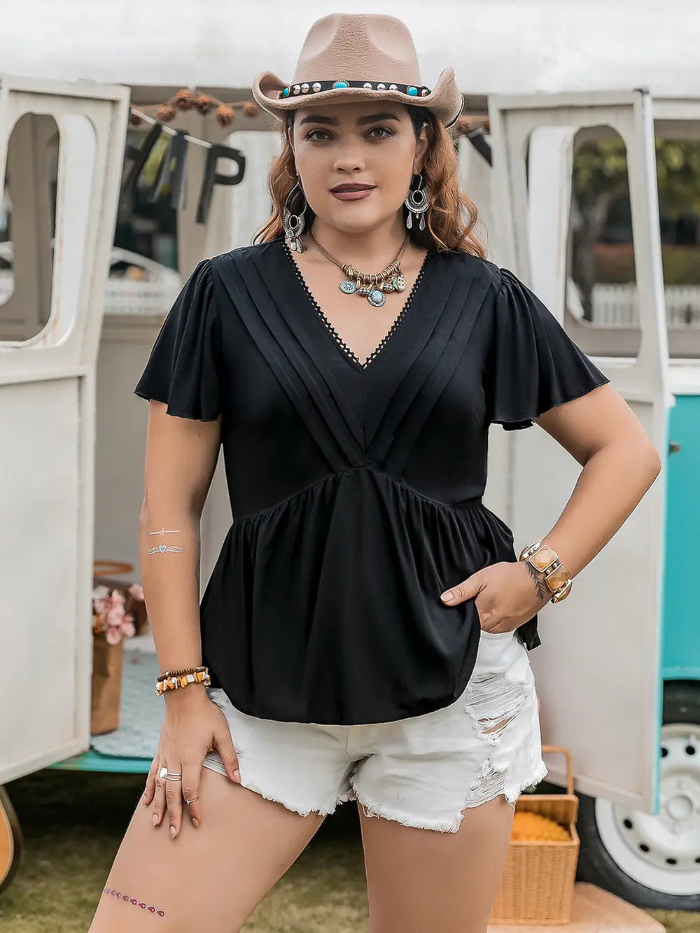 Plus Size V-Neck Flutter Sleeve Blouse-Nordavory