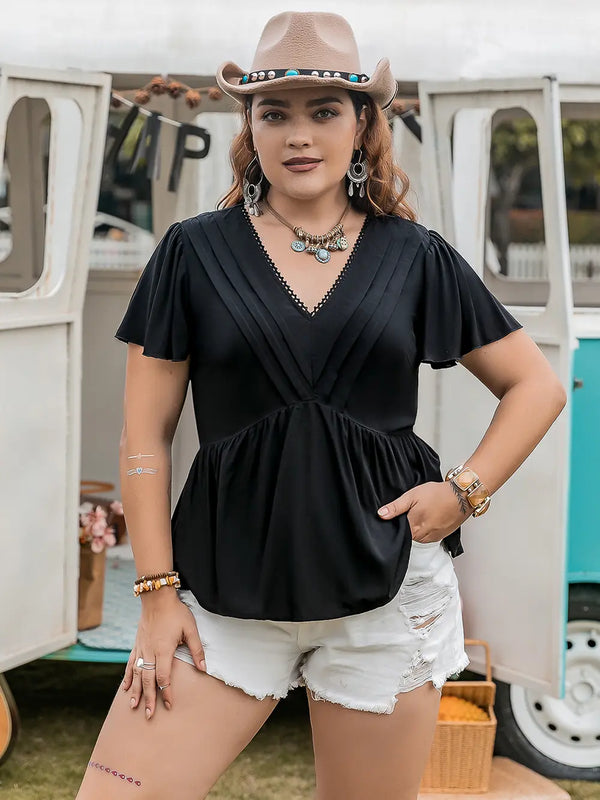 Plus Size V-Neck Flutter Sleeve Blouse-Nordavory
