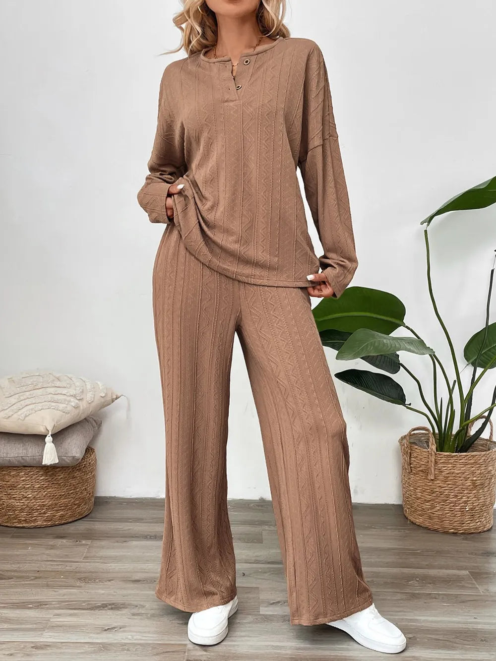 Perfee Quarter Button Long Sleeve Top and Pants Set-Nordavory