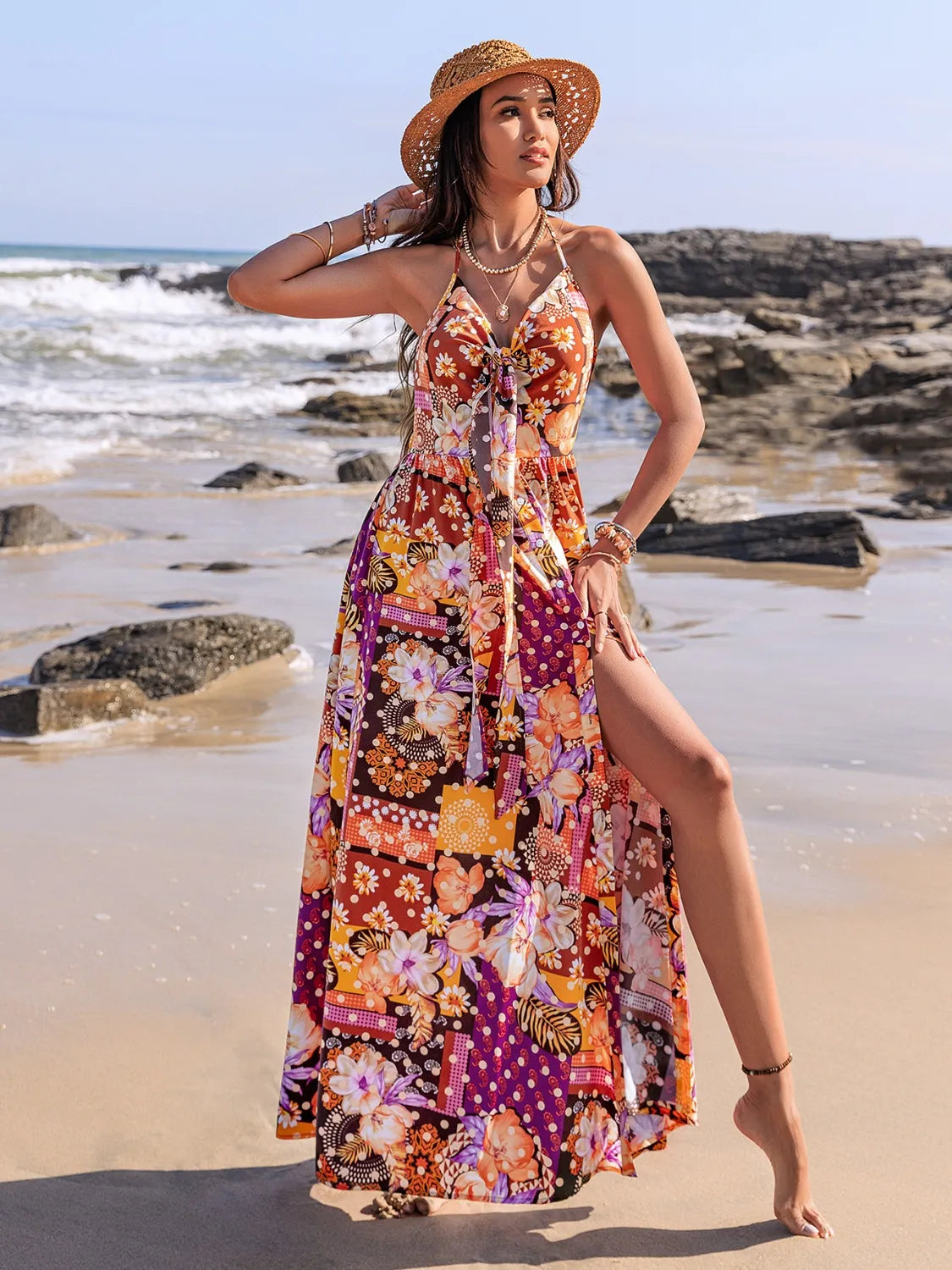 Slit Printed Halter Neck Cami Dress-Nordavory