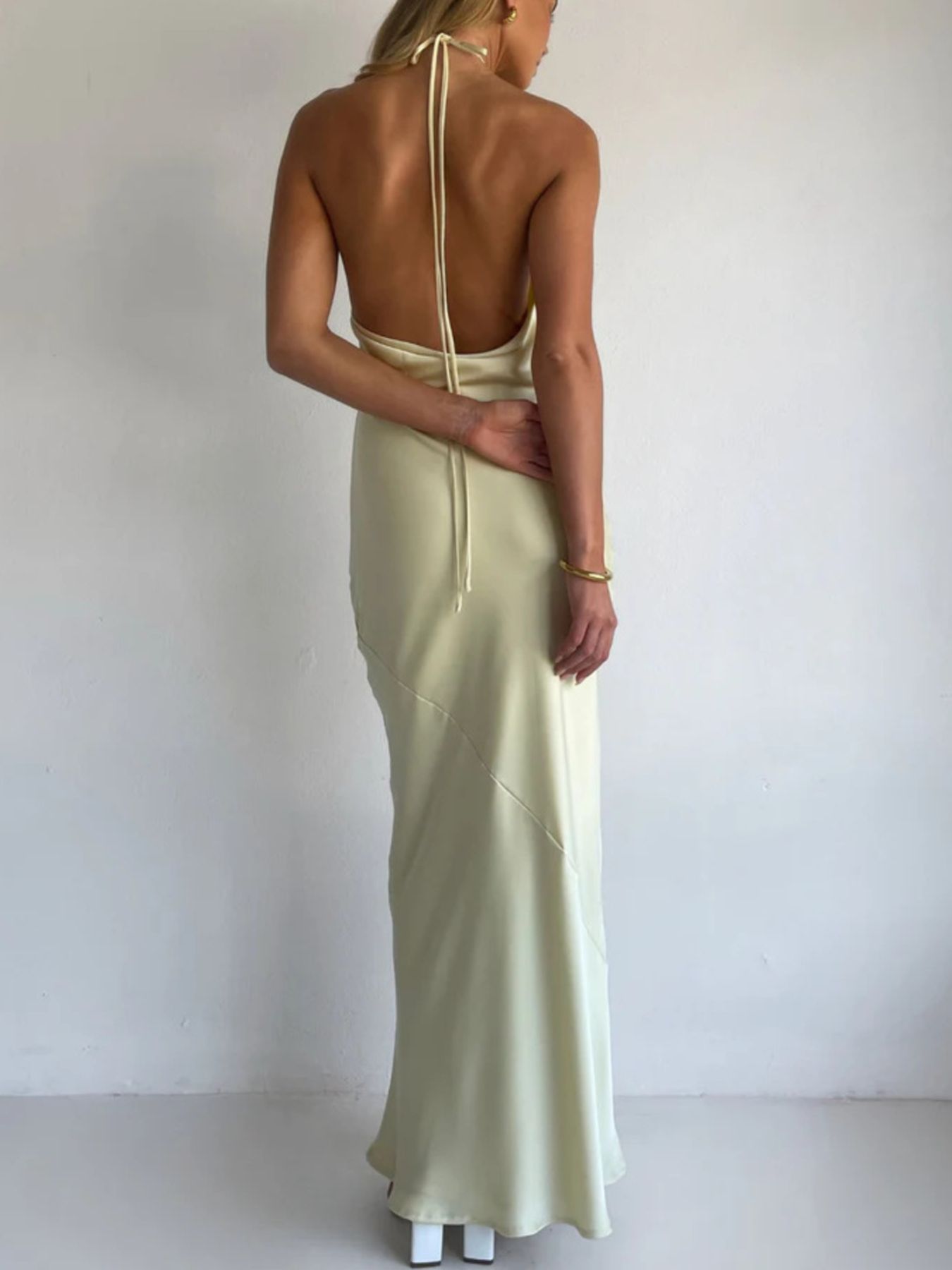 Halter Neck Satin Maxi Dress-Nordavory