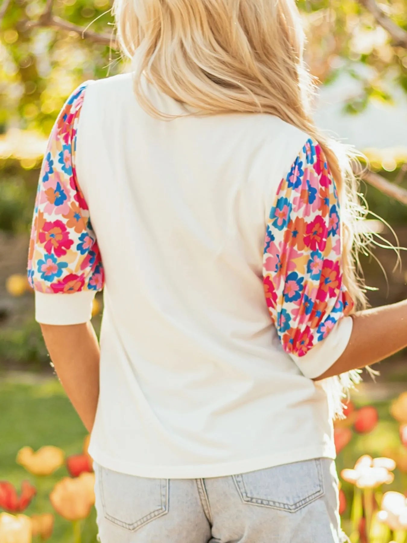Floral Puff Sleeve Round Neck T-Shirt-Nordavory