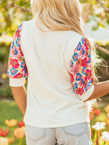 Floral Puff Sleeve Round Neck T-Shirt-Nordavory