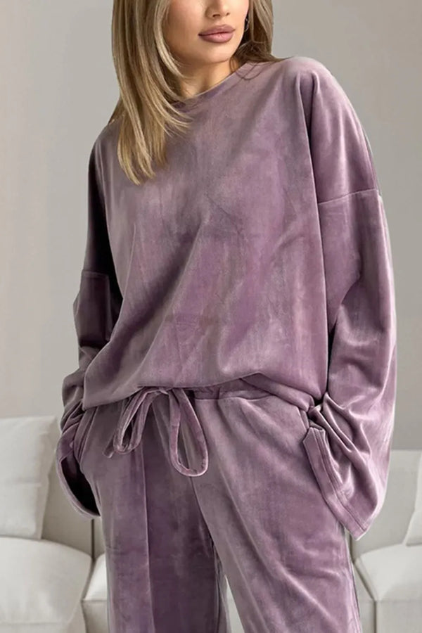 Buttery-Soft Round Neck Long Sleeve Top and Drawstring Pants Set-Nordavory