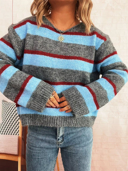 Striped Round Neck Long Sleeve Sweater-Nordavory