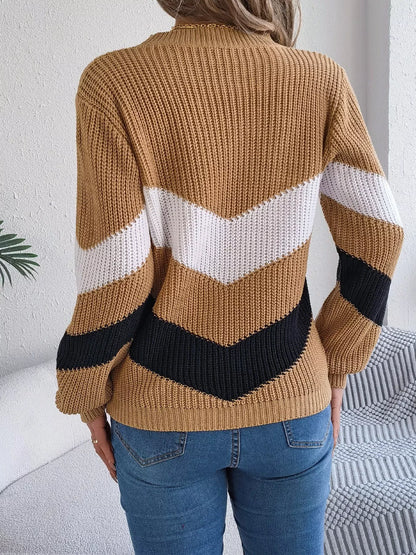 Chevron Stripe Color Block Round Neck Sweater-Nordavory