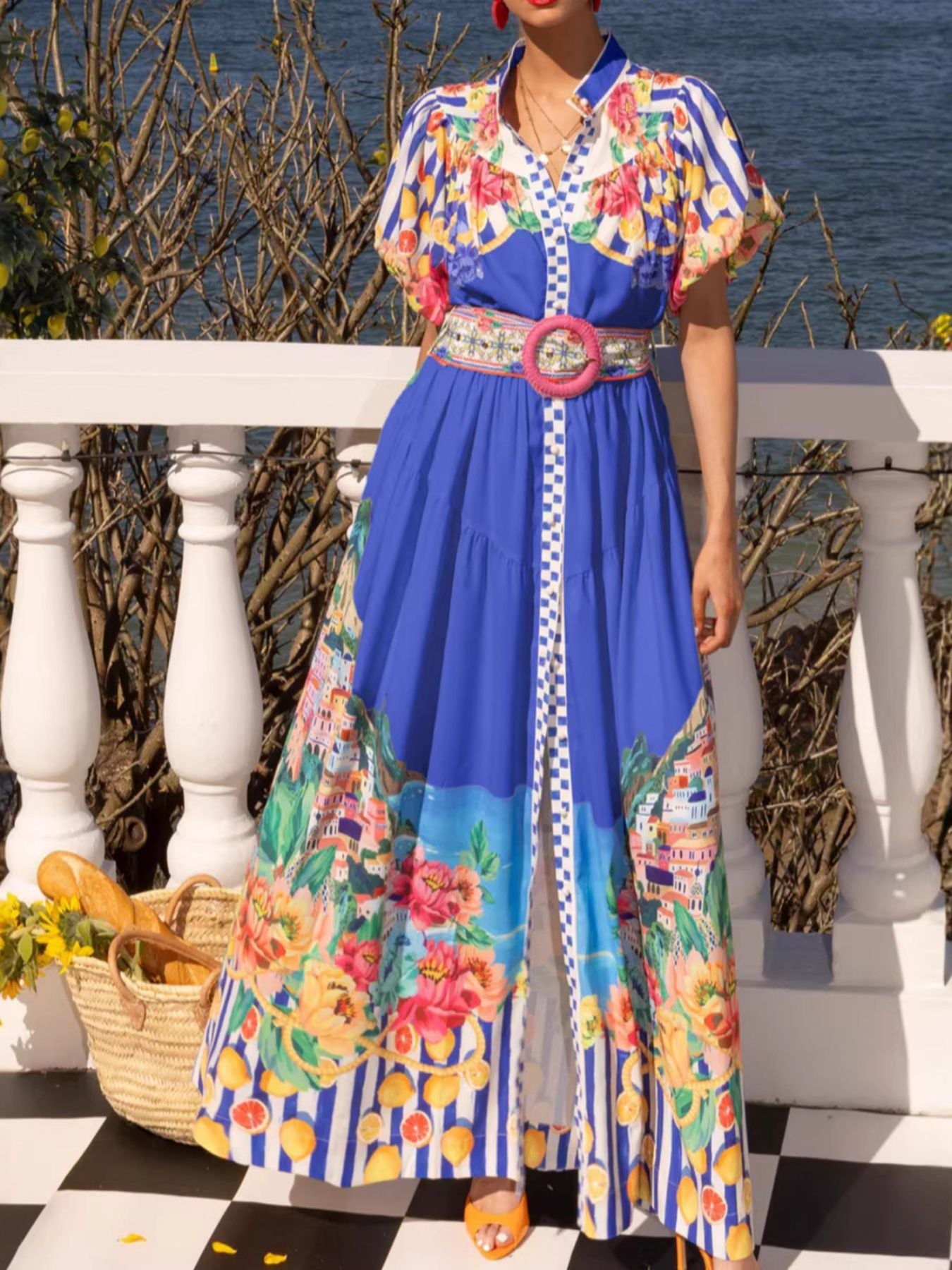 Printed Button Front Puff Sleeve Maxi Dress-Nordavory