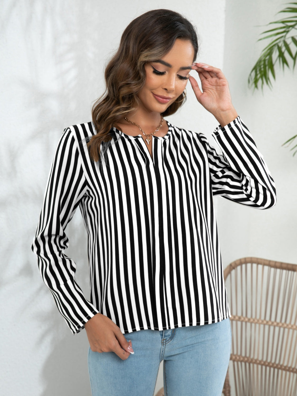 Striped Long Sleeve Notched Blouse-Nordavory