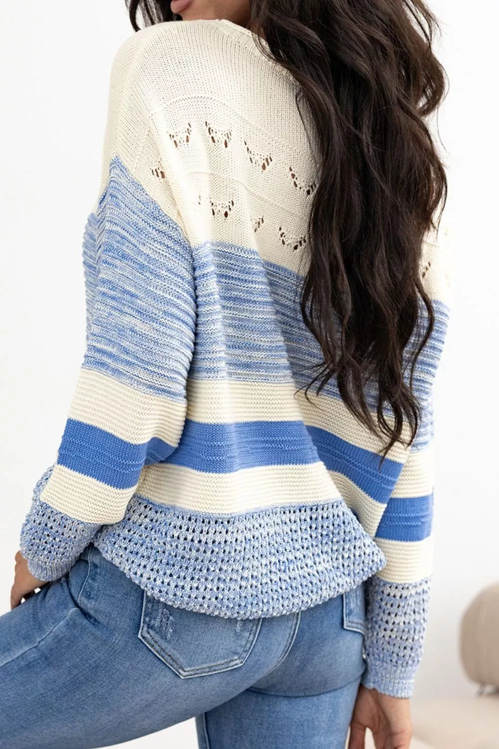 Openwork Striped Knit Long Sleeve Sweater-Nordavory