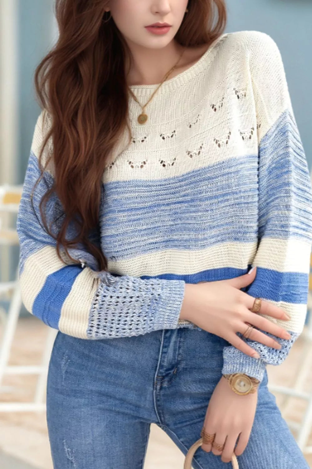 Openwork Striped Knit Long Sleeve Sweater-Nordavory