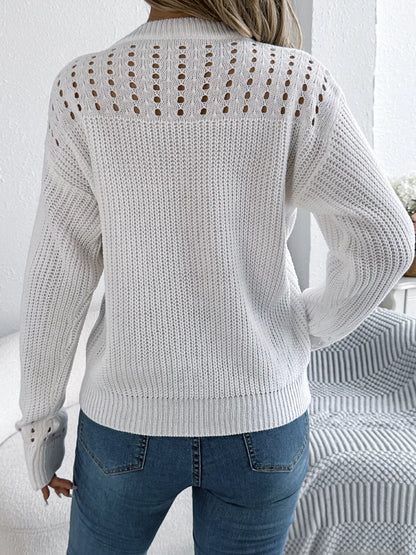 Openwork Round Neck Long Sleeve Sweater-Nordavory