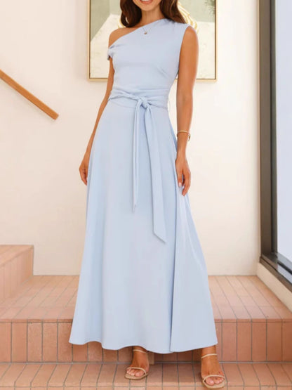 Single Shoulder Tie Waist Maxi Dress-Nordavory