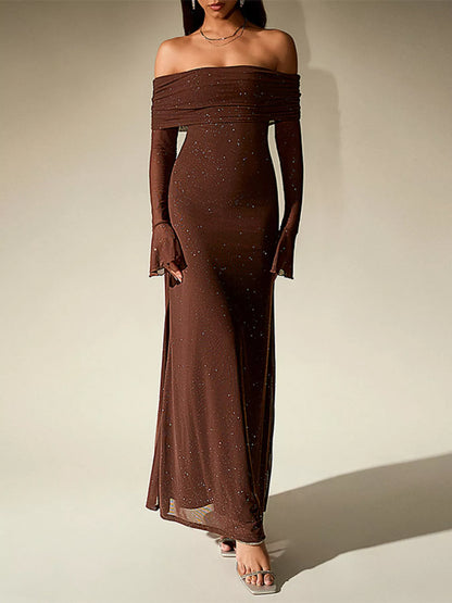 Glitter Off-Shoulder Maxi Dress-Nordavory