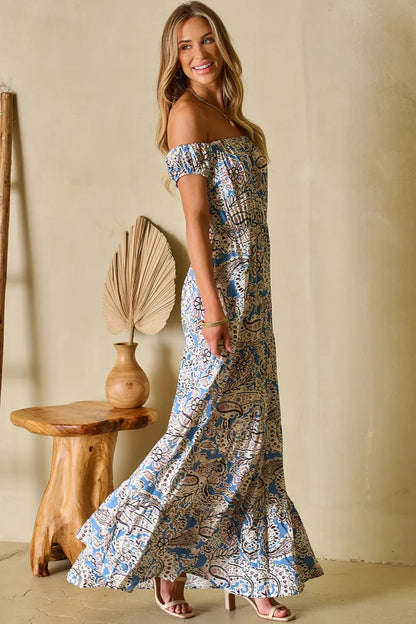Printed Off-Shouder Short Sleeve Dress-Nordavory