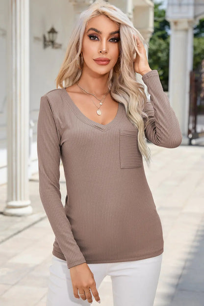Ribbed V-Neck Long Sleeve Blouse with Pocket-Nordavory