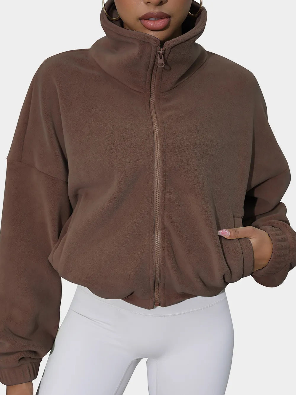Drawstring Turtleneck Zip Up Long Sleeve Jacket-Nordavory
