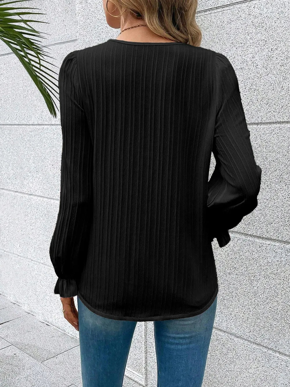 V-Neck Lace Detail Flounce Sleeve Blouse-Nordavory