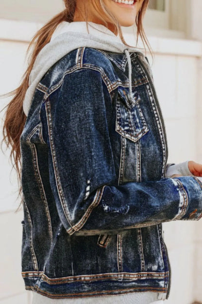 Fake Two-Piece Hooded Zip-Up Denim Jacket-Nordavory