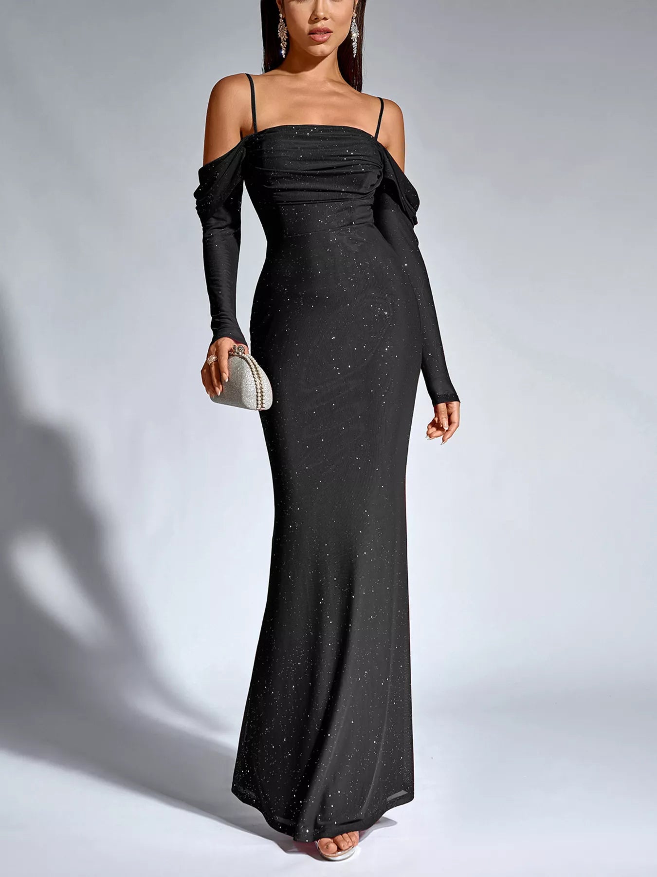 Glitter Ruched Long Sleeve Mermaid Maxi Dress-Nordavory