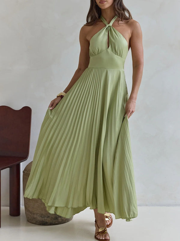 Halter Neck Pleated A-Line Dress-Nordavory