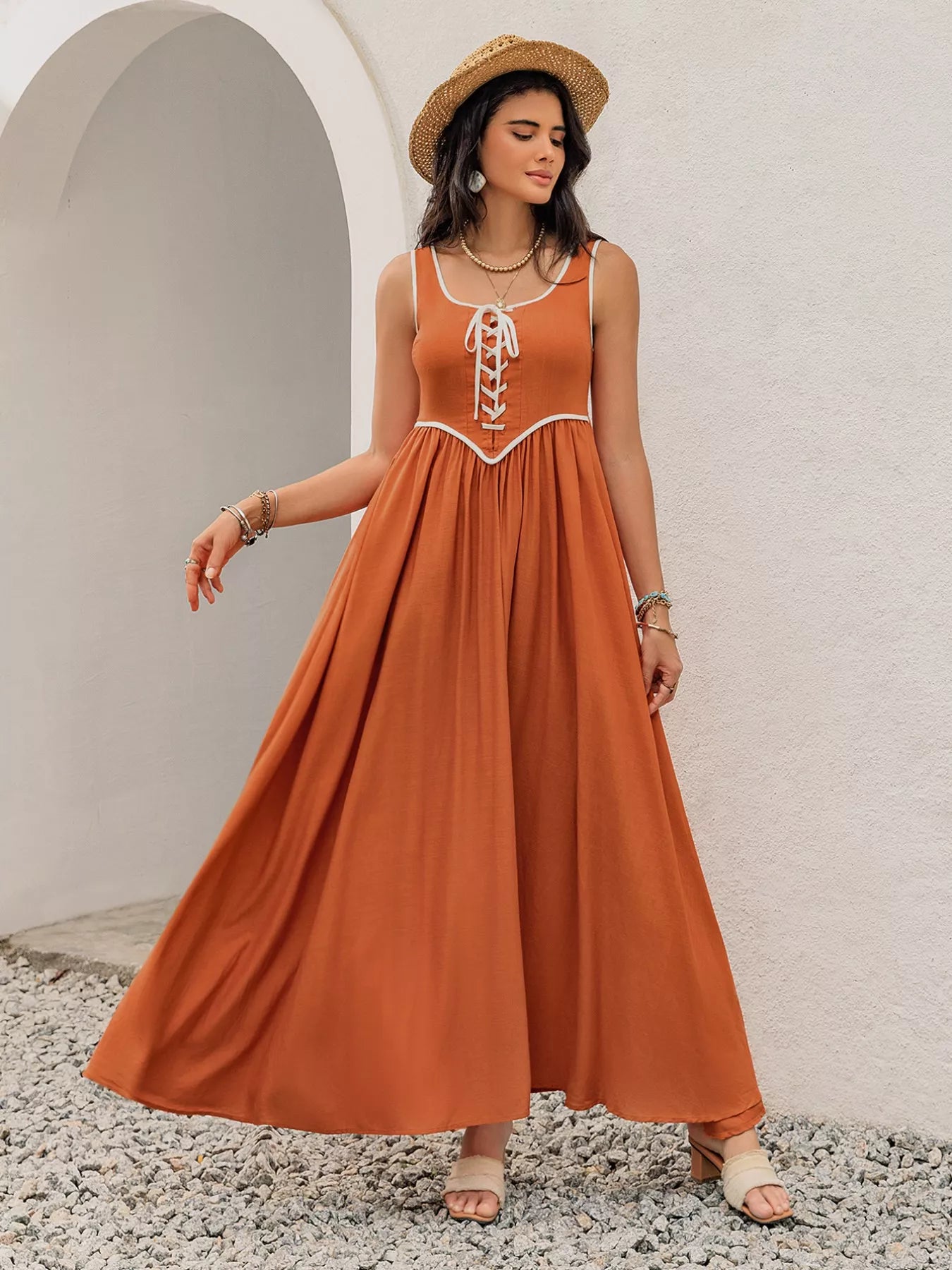 Contrast Trim Lace-Up Maxi Tank Dress-Nordavory