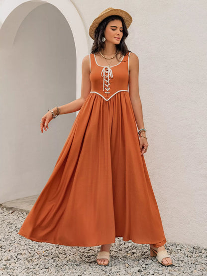 Contrast Trim Lace-Up Maxi Tank Dress-Nordavory