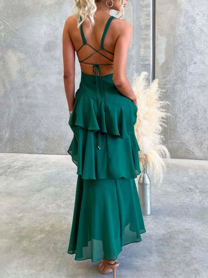 Sleeveless Ruffled Layered Backless Maxi Dress-Nordavory