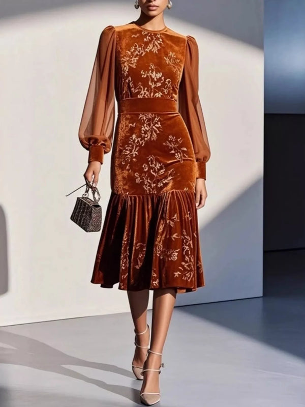 Velvet Floral Lantern Sleeve Midi Dress-Nordavory