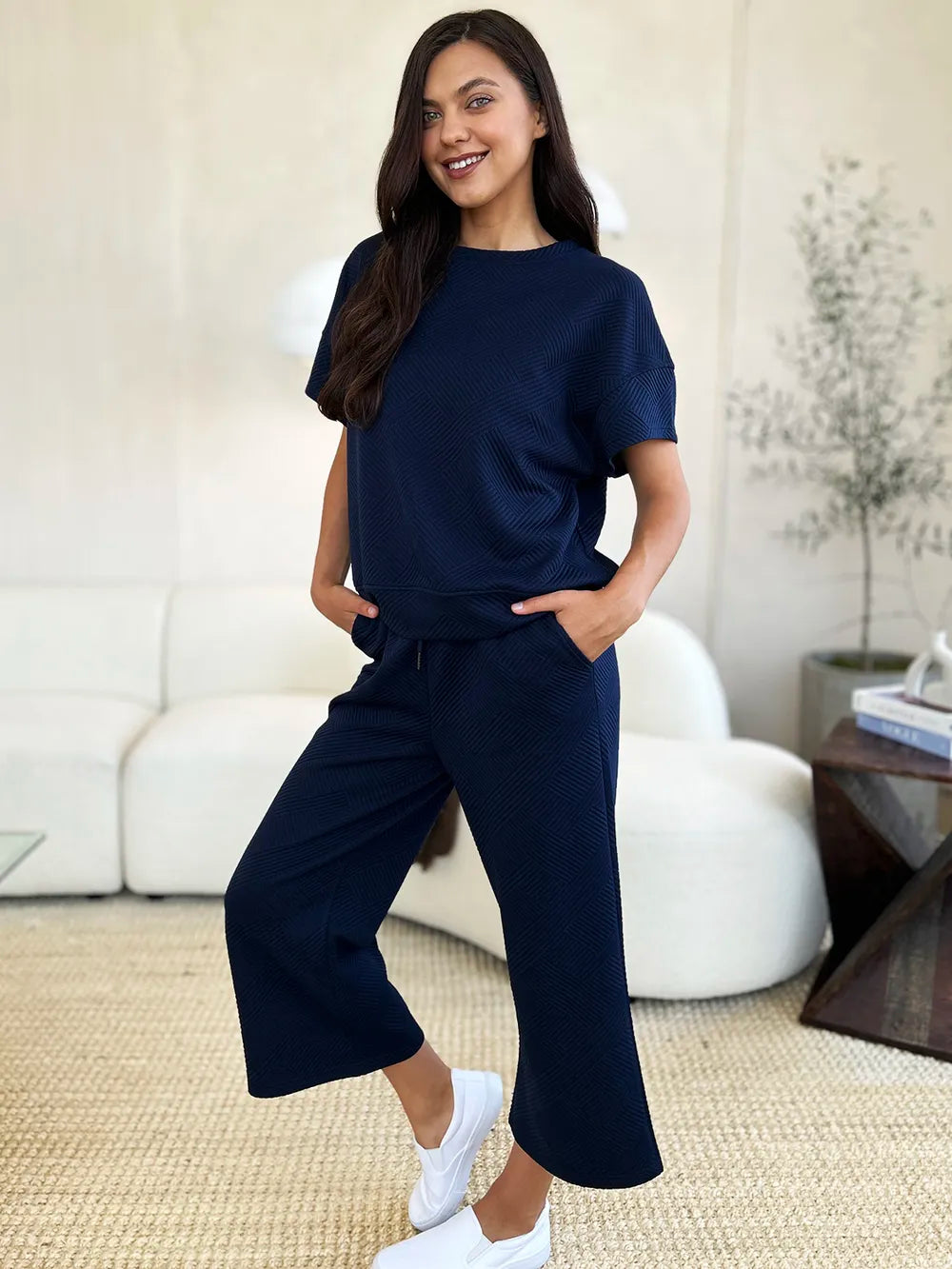 Double Take Full Size Texture Short Sleeve Top and Pants Set-Nordavory