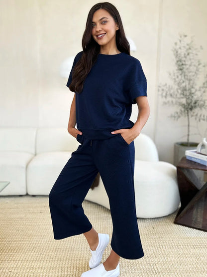 Double Take Full Size Texture Short Sleeve Top and Pants Set-Nordavory
