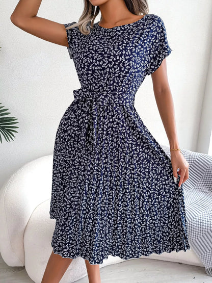 Floral Print Pleated Midi Dress with Belt-Nordavory
