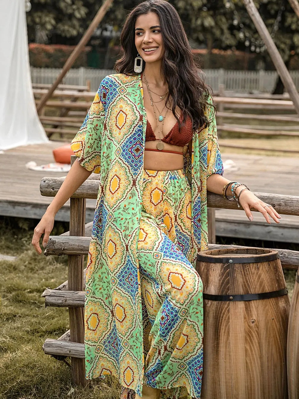 Printed Half Sleeve Top and Wide Leg Pants Set-Nordavory