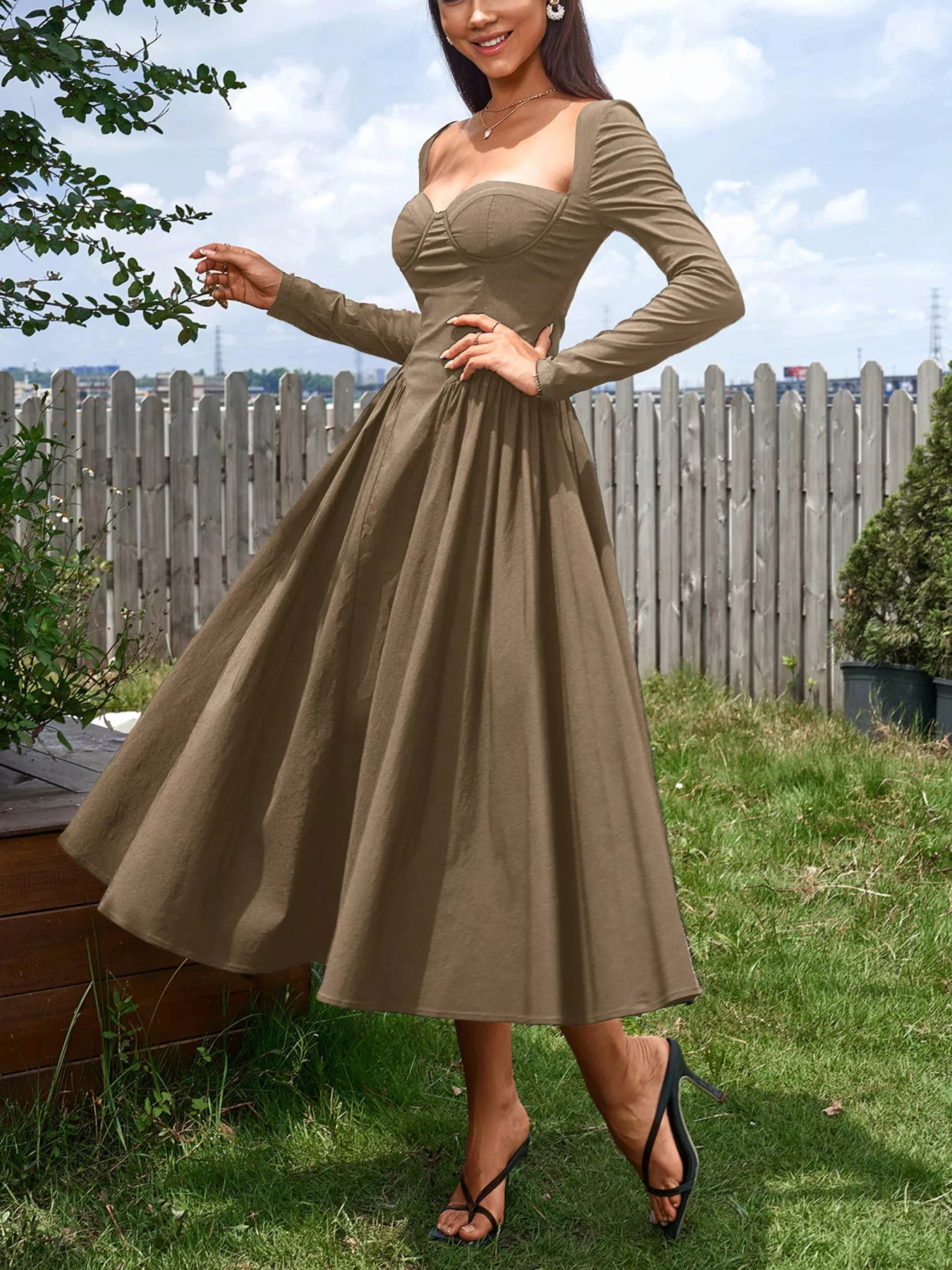 Sweetheart Neckline Long Sleeve A-Line Midi Dress-Nordavory