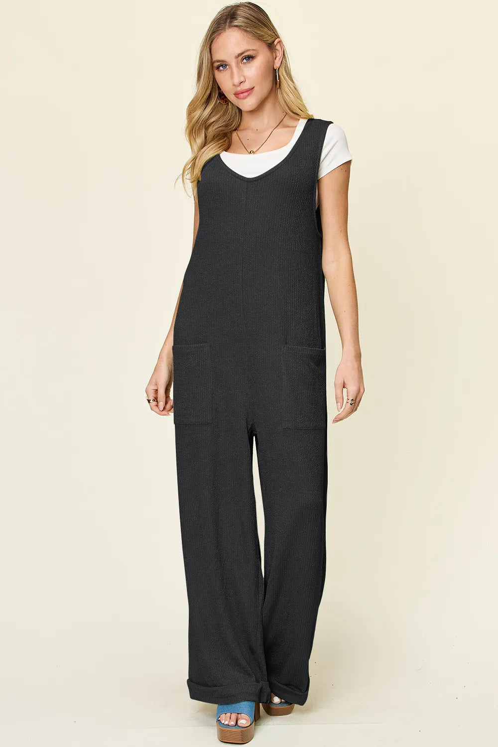 Double Take Full Size Texture Sleeveless Wide Leg Jumpsuit-Nordavory