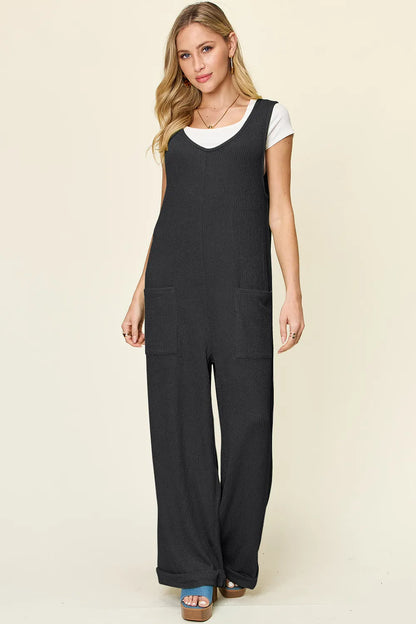 Double Take Full Size Texture Sleeveless Wide Leg Jumpsuit-Nordavory