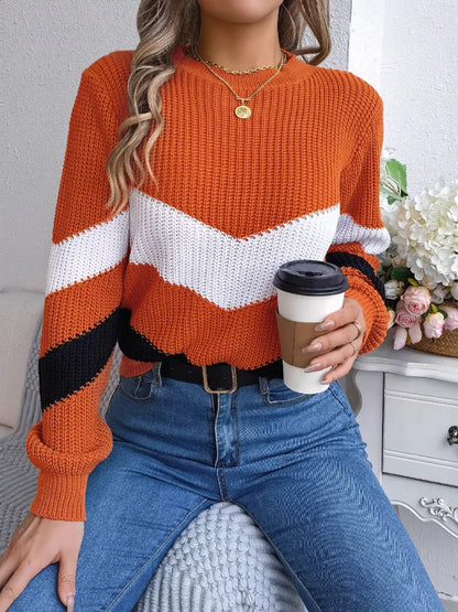 Chevron Stripe Color Block Round Neck Sweater-Nordavory