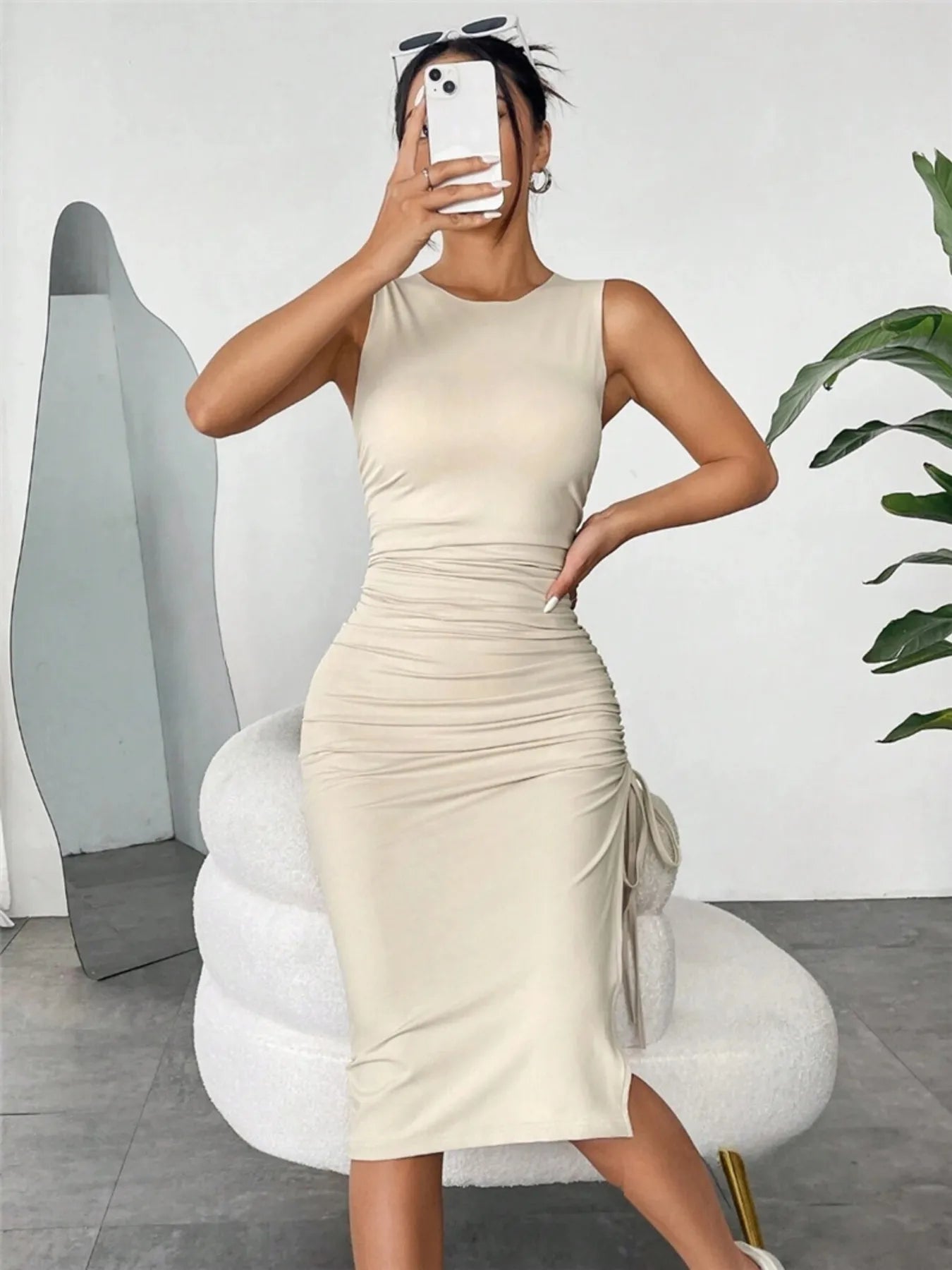 Sleeveless Ruched Bodycon Midi Dress with Side Drawstring-Nordavory