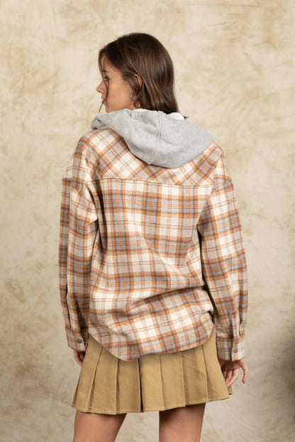 Drawstring Plaid Long Sleeve Hooded Jacket-Nordavory